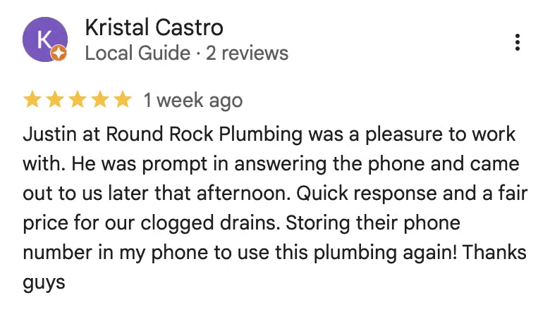 Verified 5-star Google review for Round Rock Plumbing #7