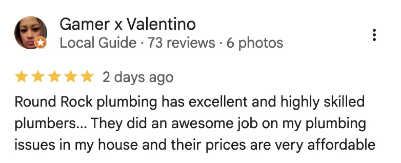 Verified 5-star Google review for Round Rock Plumbing #9
